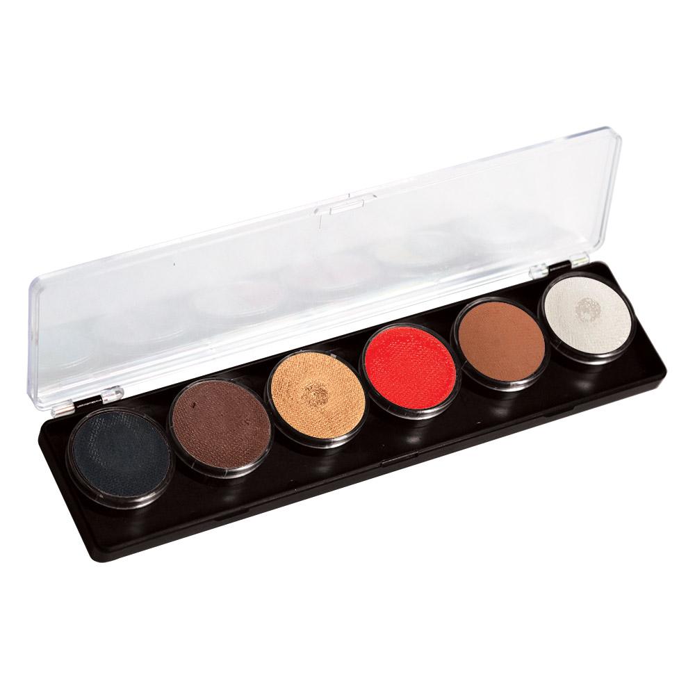 FAB 6-color face paint palette with smooth, creamy, water-based paint ideal for detailed designs. Dries quickly to prevent cracks and smears. Comes with a clear cover for protection