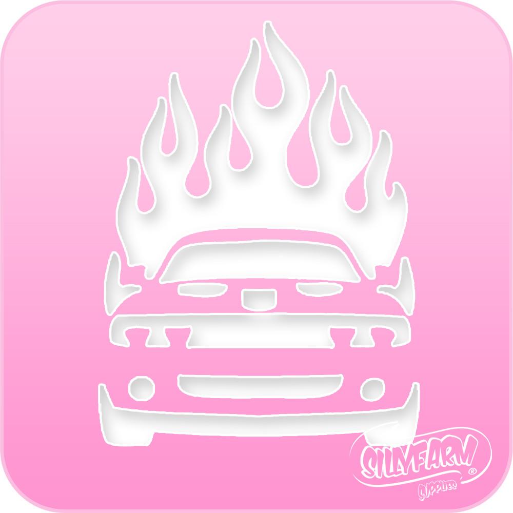 Pink Power stencil featuring a race car with flames rising above it, cut from hot pink Mylar.