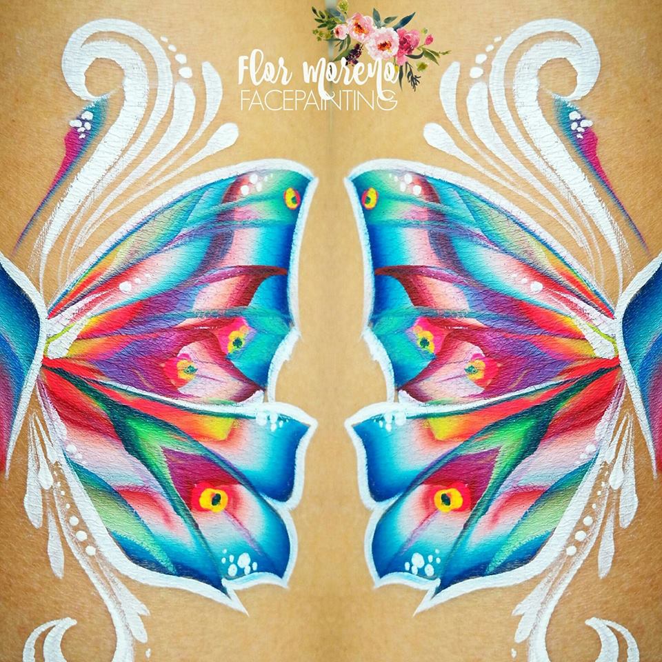 Body paint design using Arty Cakes, showing bold, multi-color effects in one stroke for dynamic face and body art.