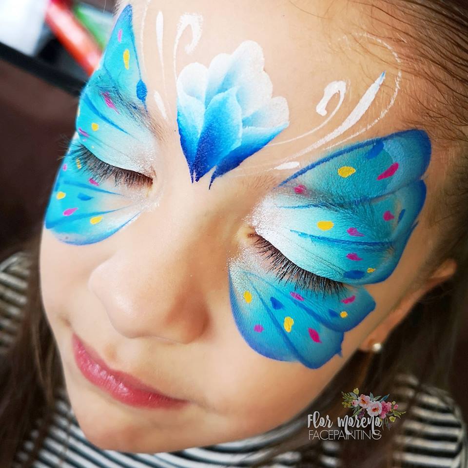 Face paint design using Arty Cakes, showing bold, multi-color effects in one stroke for dynamic face and body art.