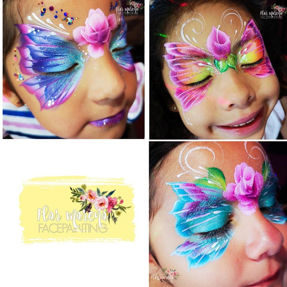 Face paint design using Arty Cakes, showing bold, multi-color effects in one stroke for dynamic face and body art.