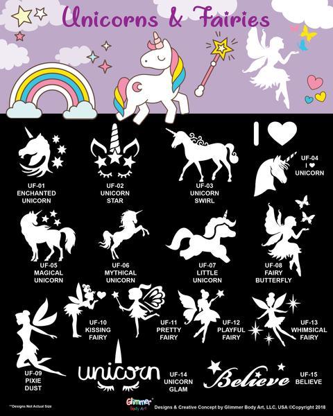 Glimmer Body Art Unicorns & Fairies Glitter Tattoo Stencil & Poster Set - Silly Farm Supplies