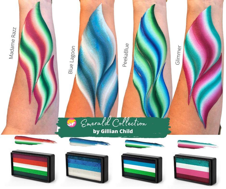 Compact, multi-color face paint cakes for brush application, ideal for vibrant, detailed designs in one stroke.