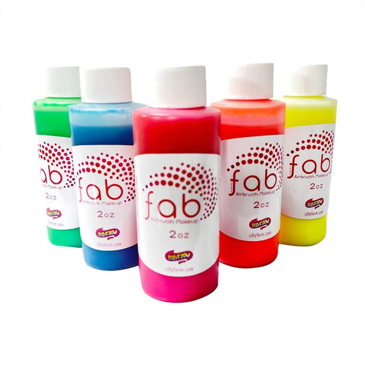 FAB Hybrid is a pre-mixed special effects neon airbrush paint, designed for smooth application without clogging and vibrant, professional-grade coverage. This 5-pack set is made in the USA.