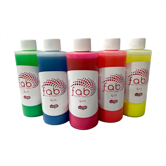 FAB Hybrid is a pre-mixed special effects neon airbrush paint, designed for smooth application without clogging and vibrant, professional-grade coverage. This 5-pack set is made in the USA.