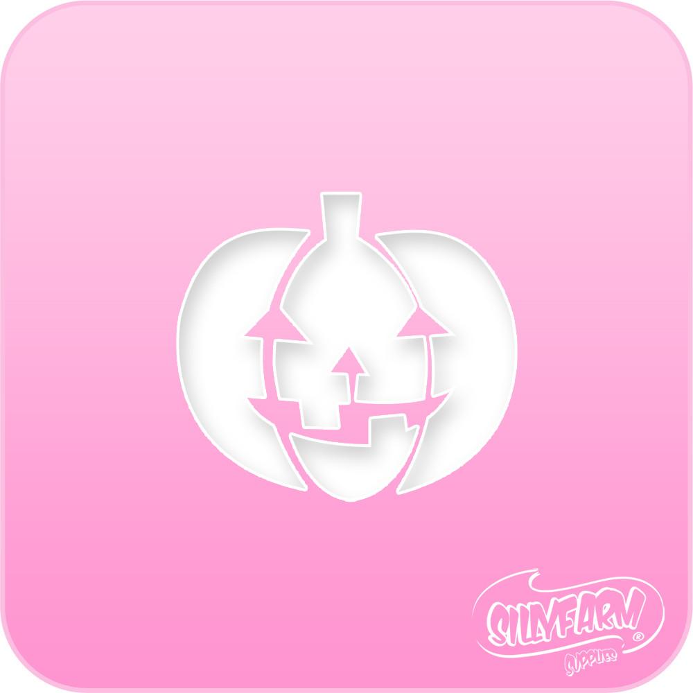 Pink Power stencil featuring a smiling jack o' lantern pumpkin face with carved eyes, nose, and mouth, cut from hot pink Mylar.
