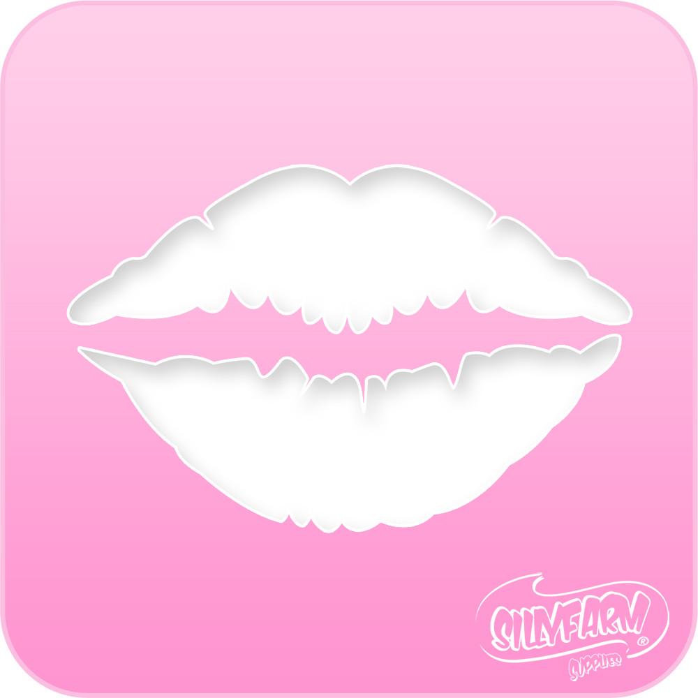 Pink Power stencil featuring a pair of lipstick kiss lips, designed for face painting, body art, beauty themes, and Valentine's Day designs.