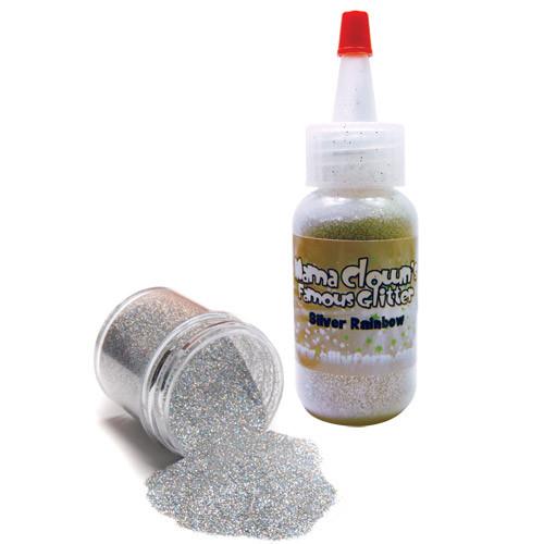 Mama Clown glitter adds sparkle to face and body art, available in a variety of colors. Comes in a 1oz poofer or jar, safe for lips and skin, and can be applied dry or mixed with gel. Choose transparent for a subtle shine or opaque metallic for bold coverage