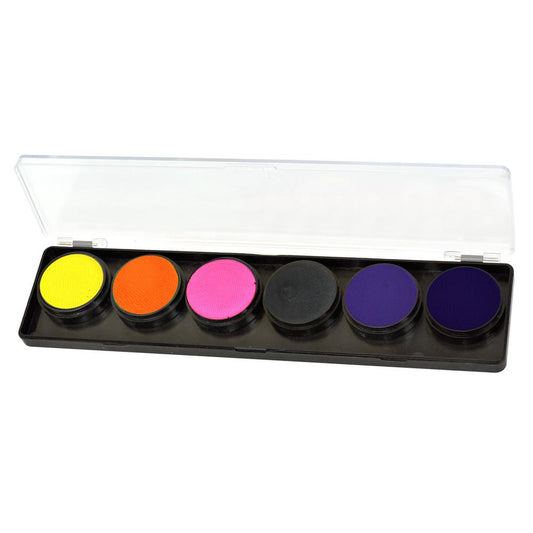 FAB 6-color face paint palette with smooth, creamy, water-based paint ideal for detailed designs. Dries quickly to prevent cracks and smears. Comes with a clear cover for protection