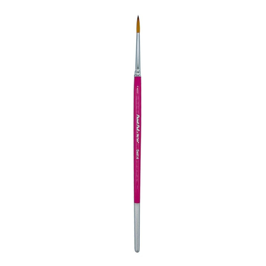 Paint Pal Swirl #1 face painting brush with pink handle and fine pointed synthetic bristles for ultra-thin lines, outlines, highlights, and detailed face painting work.