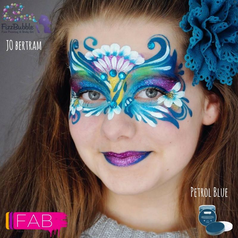 Face painted with vibrant, smudge-proof FAB paint, known for smooth, creamy coverage. Ideal for detailed face art