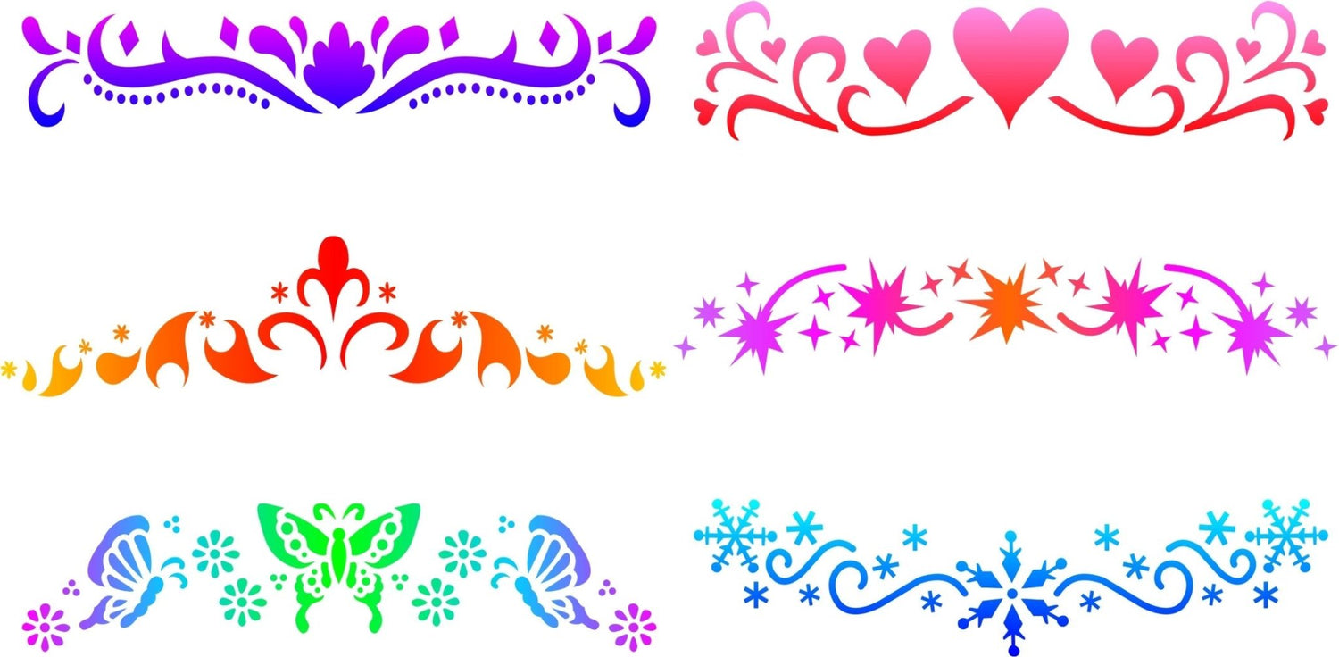Princess Crowns Trendy Tribal stencil set featuring tiara borders, hearts, butterflies, flowers, stars, and snowflakes for princess and fantasy face painting designs.