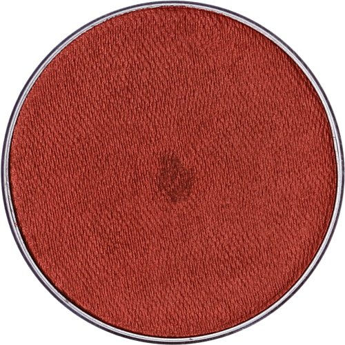 Round plastic container of Rust Shimmer professional face paint showing bright warm orange metallic shimmer inside an open top container.