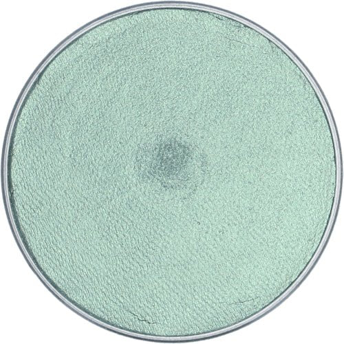 a round plastic container of FAB Makeup Seashell Shimmer face paint with antique mint shimmer shade visible inside.