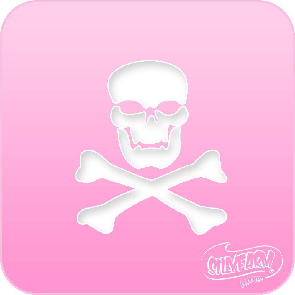 Pink Power stencil featuring a skull above crossed bones, cut from hot pink Mylar.