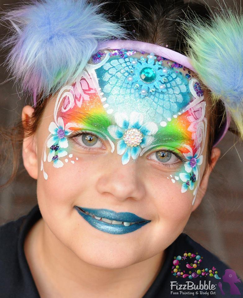 Face painted with vibrant, smudge-proof FAB paint, known for smooth, creamy coverage. Ideal for detailed face art
