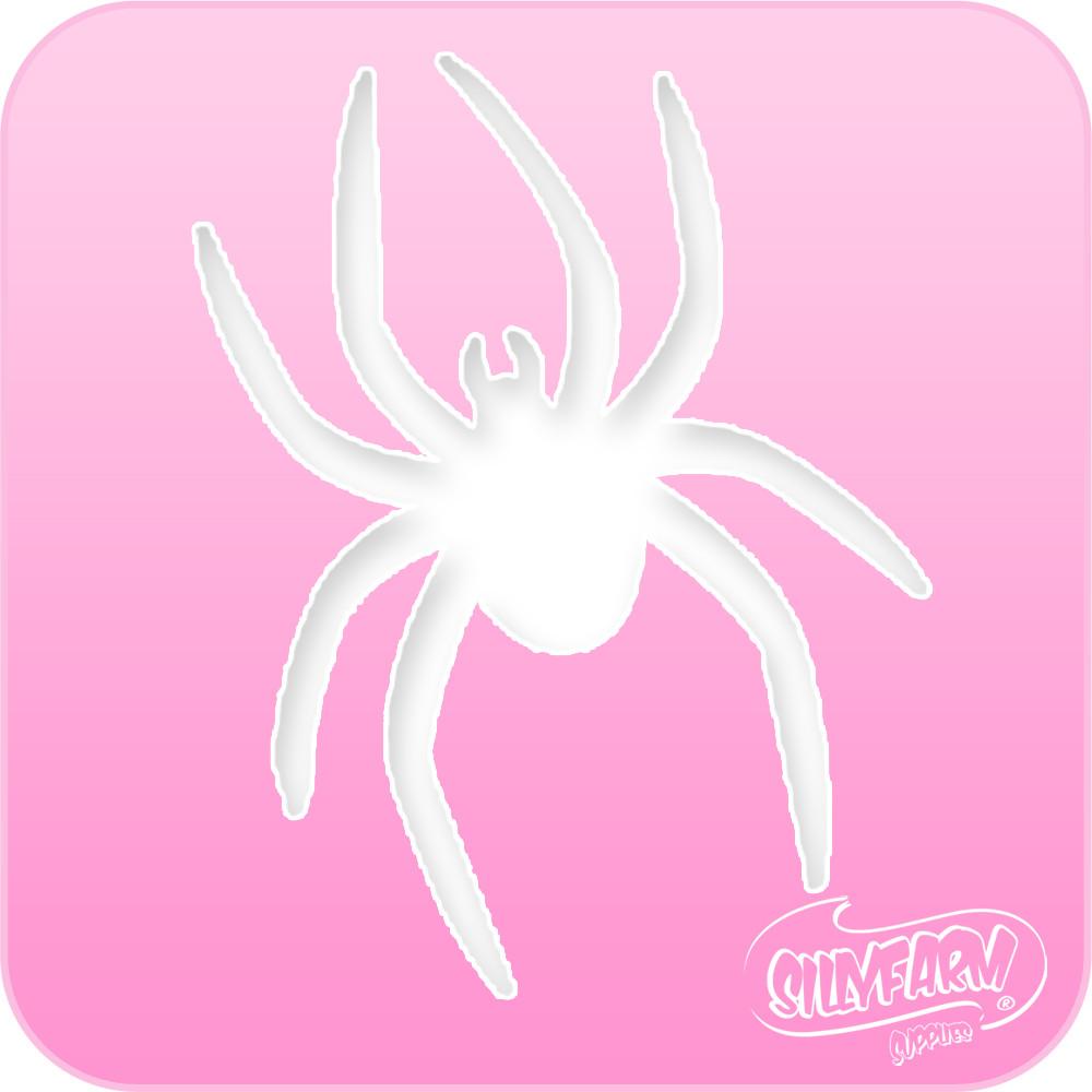 Pink Power stencil featuring a large spider silhouette with long curved legs, cut from hot pink Mylar.