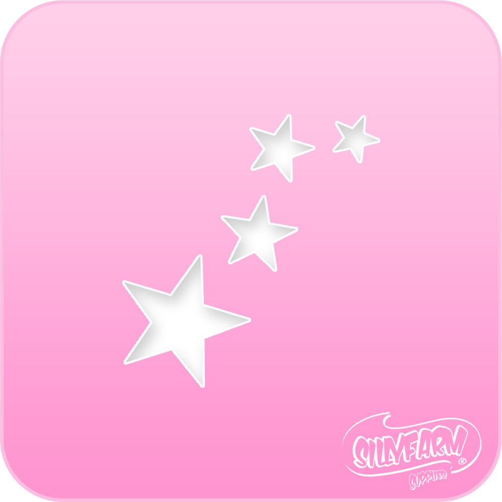 Hot pink reusable stencil featuring a cluster of four stars in varying sizes for face painting, body art, and airbrush applications.