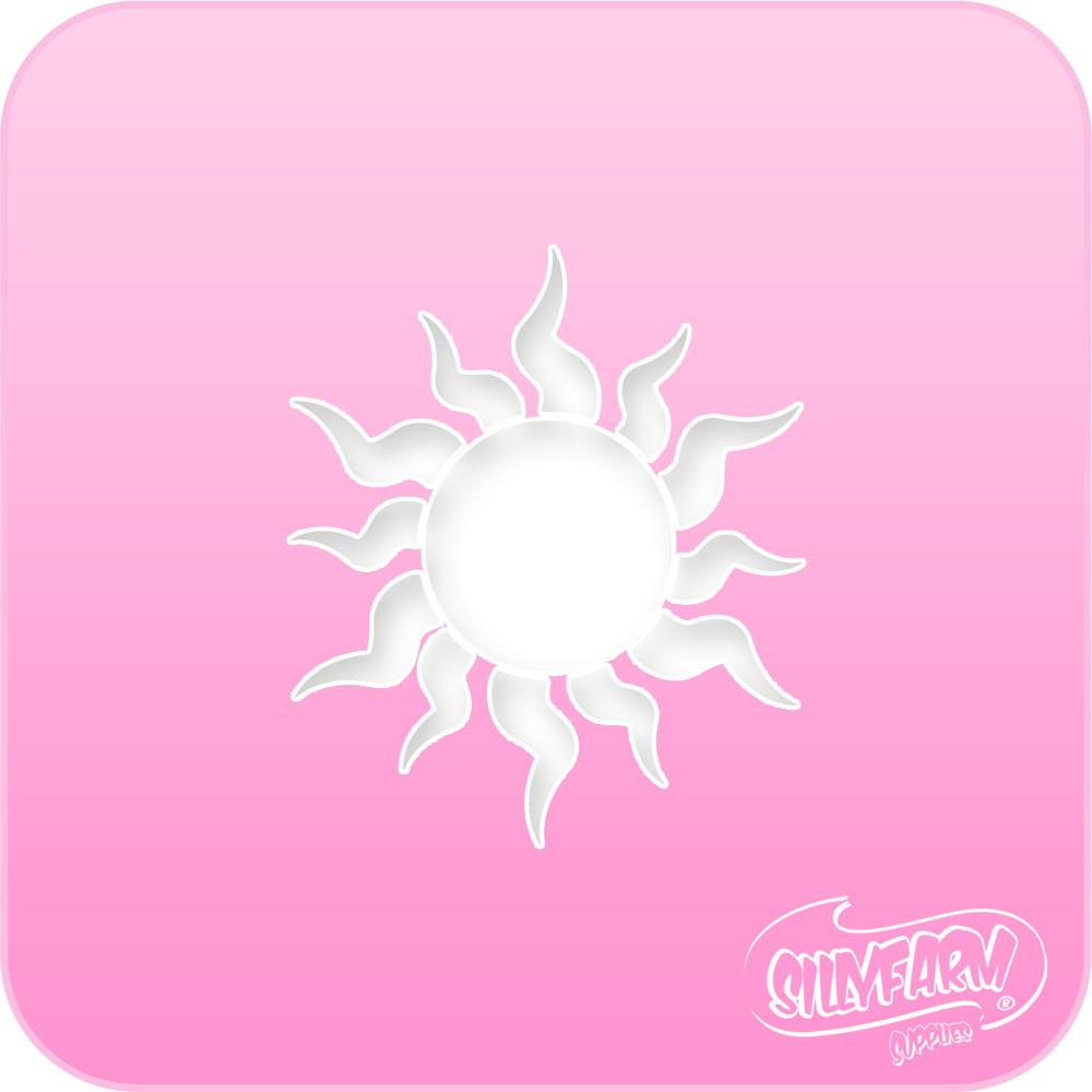 Pink Power stencil featuring a stylized swirling sun with curved rays extending from a circular center, cut from hot pink Mylar.