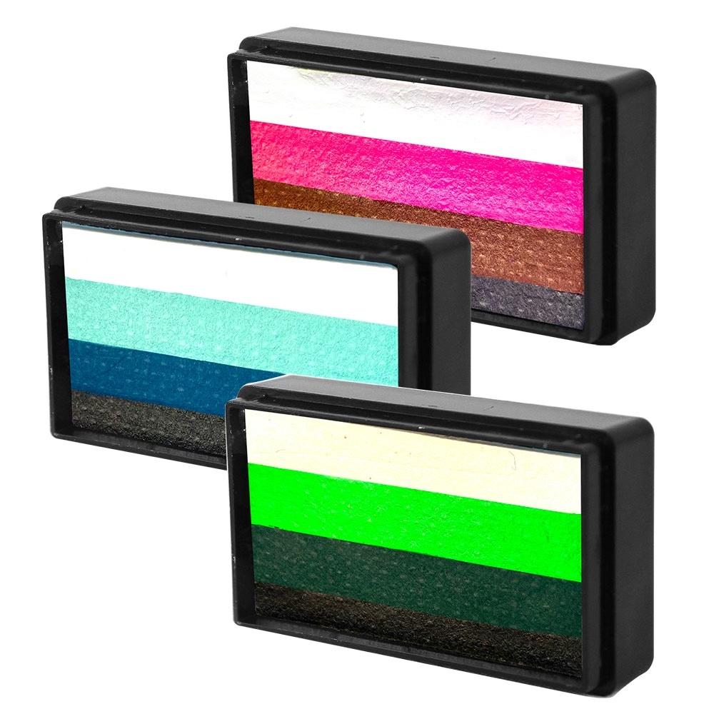 Compact, multi-color face paint cakes for brush application, ideal for vibrant, detailed designs in one stroke.
