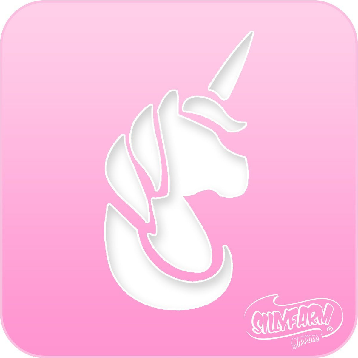 Hot pink reusable stencil featuring a unicorn head with flowing mane and horn design for face painting, body art, and airbrush applications.