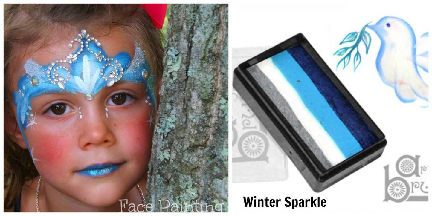 Face paint design using Arty Cakes, showing bold, multi-color effects in one stroke for dynamic face and body art.