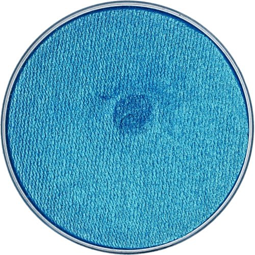 A close-up of a blue shimmering face paint container from Silly Farm's FAB Professional Face and Body Paint collection.